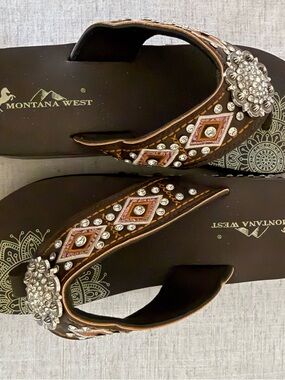 Montana West Brown Embellished Sandal Flip Flops with Crystal Conchos